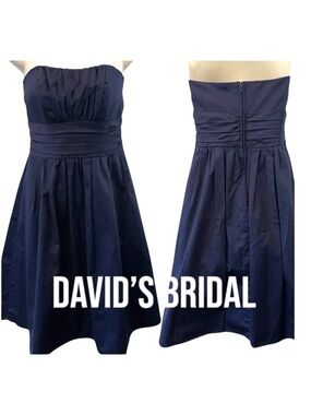 David's Bridal Navy Cotton Strapless Pleated Bodice/Skirt Cummerbund Dress (2)
